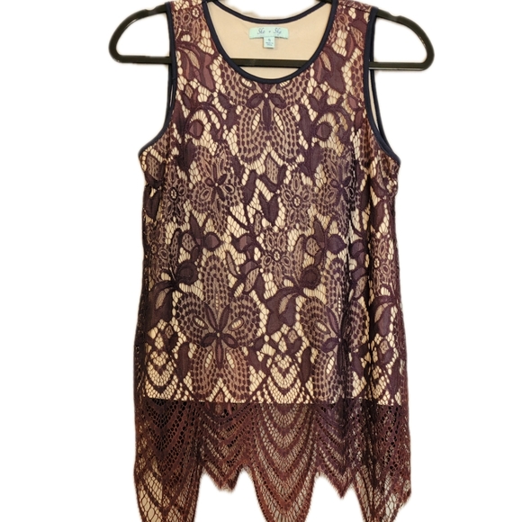 She + Sky Tops - She + Sky tank top with Lace Over-lay Size Small Burgundy Color